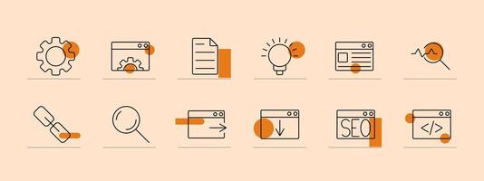 Website icon set. Settings gear, browser window, document, lightbulb, webpage, hyperlink, search, SEO, coding, analytics. Web development, SEO, internet concept. vector