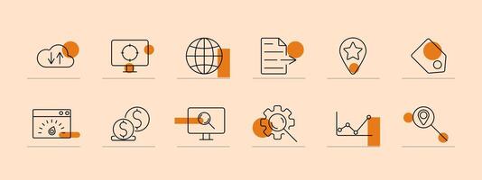 Website icon set. Settings gear, browser window, document, lightbulb, webpage, hyperlink, search, SEO, coding, analytics. Web development, SEO, internet concept. vector