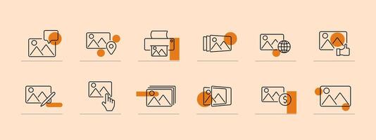 Image management line icons set. Photo album, picture frame, printer, gallery, image edit, favorite photo, photography, visual content. Digital media, creative work, picture storage concept vector