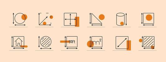 Geometry set icon. Square feet, square meters, circle, triangle, rectangle, dimension, measure, volume, area, length, width. Mathematical shapes, measurements concept. vector