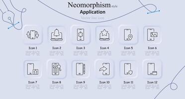 Application neomorphism style line icons set. Smartphone rotation, bell notification, puzzle, star rating, location, gallery, upload, search, notebook, share, shield, bookmark. Technology vector