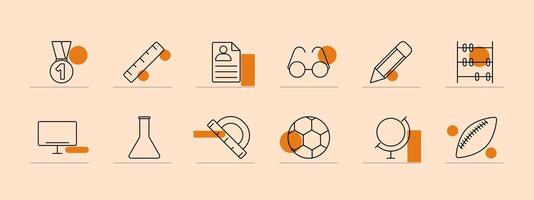 Study icon set. Medal, protractor, soccer ball, resume, glasses, pencil, ruler, computer, beaker, globe, football, abacus. Education, learning, academic concept. vector