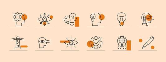Vision set icon. Eye, gear, brain, lightbulb, lighthouse, binoculars, telescope, innovation, idea, foresight, focus, global vision. Insight, intelligence, perception, creativity, planning concept. vector
