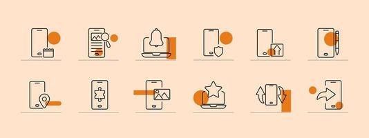 Mobile and digital devices line icons set. Smartphone, laptop, tablet, microphone, play button, wallet. Technology, digital communication concept vector