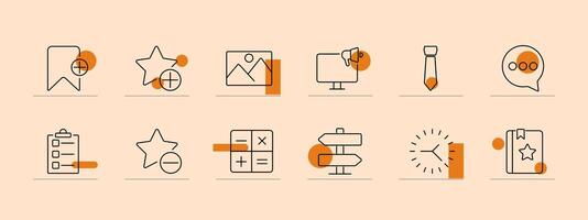 Application set icon. Calculator, bookmark, star, signpost, gallery, monitor, tie, checklist, rating, clock, chat, communication. Productivity, business tools, navigation, multimedia, task management vector