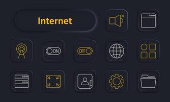 Internet set icon. Router, on-off switch, browser, globe, user profile, network, settings, folder. Connectivity, digital services, web concept. vector