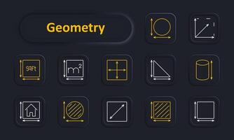 Geometry set icon. Square feet, square meters, circle, triangle, rectangle, dimension, measure, volume, area, length, width. Mathematical shapes, measurements concept. vector