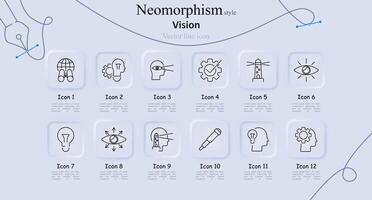 Vision neomorphism style line icons set. Binoculars, gear, head with eye, lighthouse, light bulb, eye with arrows, head with lighthouse, telescope, idea. Vision and foresight, innovation concept vector