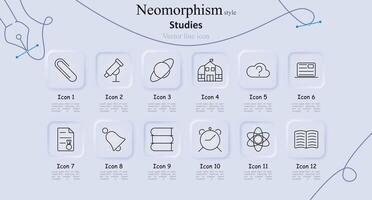 Studies line icons set. Paperclip, telescope, planet, school building, cloud with question mark, newspaper, medal, bell, books, alarm clock, atom, open book. Education and research, academic learning vector