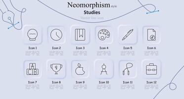 Studies neomorphism style line icons set. Human head, clock, bookmark, palette, pen, grade report, ABC blocks, trophy, apple, compass, skipping rope, briefcase. Education, learning tools concept. vector