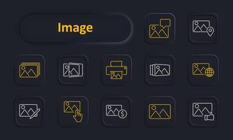 Image set icon. Photo gallery, printer, picture frames, photo editing, globe, image sharing, photograph, camera roll, favorites. Photography, visual media, digital images concept. vector