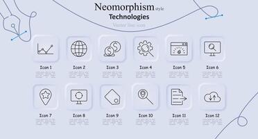 Technologies neomorphism style line icons set. Graph, globe, currency exchange, web page, search, location pin, monitor, tag, document, cloud upload. Modern technology, digital innovation concept vector