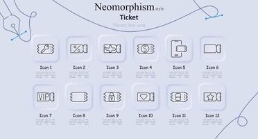 Ticket neomorphism style line icons set. Ticket with key, percentage, airplane, dollar sign, phone, blank, VIP, movie, lock, heart, star. Event admission, access pass concept vector