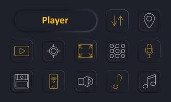 Player set icon. Play button, , full screen, microphone, volume, music notes, pause, targeting, navigation, arrows. Media player, multimedia, audio and controls concept. vector