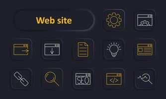 Website set icon. Webpage, download, document, lightbulb, browser window, link, magnifying glass, SEO, coding, analysis. Internet, web development, digital concept. vector