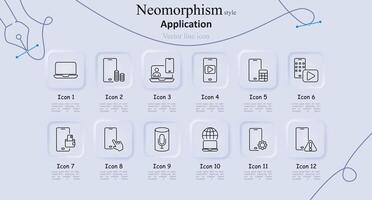 Application neomorphism style line icons set. Laptop, coins, call, play button, calculator, upload, touch, microphone, globe, settings, alert, bookmark. Digital tools vector