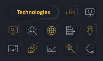 Technologies set icon. Cloud upload, cloud server, computer search, gear search, globe, document, location pin, speedometer, dollar coins, graph. Internet, IT, digital solutions concept. vector