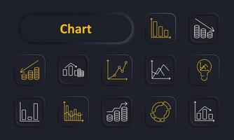 Chart set icon. Growing coins, declining coins, home with graph, line chart, lightbulb, bar chart, histogram, ring chart, scatter plot. Financial data, analytics, statistics, business concept. vector