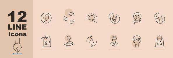 Ecology and environment set icon. Leaf, sunrise, globe, hand with leaf, recycling, water drop, energy saving, reusable bag. line icon on beige background. vector