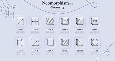 Geometry set icon. Diagonal, arrows, circle, square meters, house dimensions, square feet, cylinder, cube, isosceles triangle, circular area. Measurement, math, and spatial concept vector
