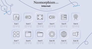 Internet set icon. User profile, toggle off, expand, toggle on, server, signal tower, apps, browser, folder, settings, globe, mute. Web, network, and connectivity concept vector