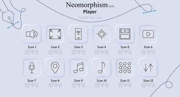 Player set icon. Speaker, fullscreen, mobile remote, crosshair, playlist, play button, microphone, location, music note, musical note, equalizer, arrows up down. Media player and audio control vector