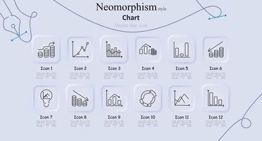 Chart set icon. Stacked coins, line graph, bar, histogram, stacked bars, circle chart, venn diagram, magnifying glass, pyramid, pie, scatter plot, area chart. Data analysis, statistics vector