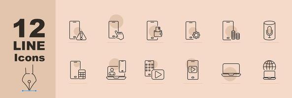 Smartphone icons set including alert, tap, wallet, settings, coins, microphone, calculator, remote, call, play button, and laptop. line icons on a beige background vector