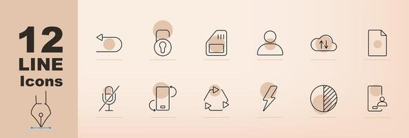 Communication and technology set icon. Microphone, phone, cloud, lock, person, document, upload, download, recycling, pie chart, lightning bolt. Communication vector