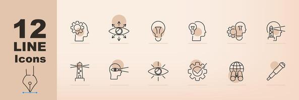 Vision and idea set icon. Gear, light bulb, eye, head, lighthouse, binoculars, telescope, insight, brainstorm, innovation. Vision, idea and innovation concept vector