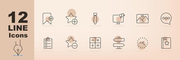 Business and productivity set icon. Badge, star, tie, monitor, checklist, calculator, signpost, clock, award, speech bubble. Business and productivity concept. vector