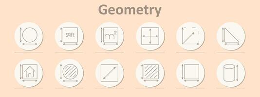 Geometry set icon. Circle, square feet, square meters, dimension, angle, triangle, house, diameter, diagonal, area, cylinder, radius. vector