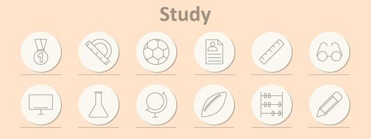 Study icons set. Medal, protractor, soccer ball, ID card, ruler, glasses, computer, flask, globe, football, abacus, pencil. Line icons on beige background vector