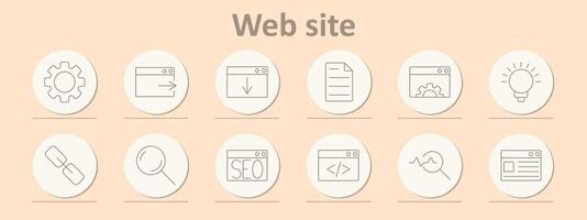 Website set icon. Gear, navigation, download, document, settings, idea, link, search, SEO, coding, analytics, web page. vector