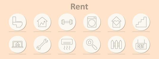 Rent set icon. Building, location, secure, property, shop, curtains, eco-friendly, magnifying glass, plug, home, house. vector