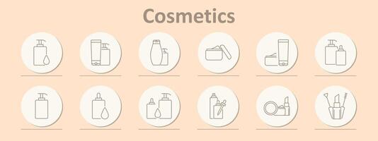 Cosmetics icons set. Lotion bottles, shampoo bottles, cream jar, makeup products, pump bottles, dropper bottles. Line icons on beige background vector