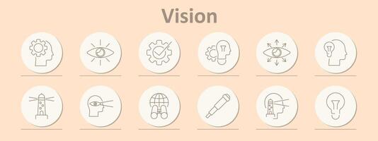 Vision icons set. Head with gear, eye, light bulb, head with light bulb, lighthouse, binoculars, telescope, idea, observation, focus, planning, search. Line icons on beige background vector