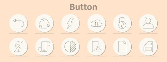 Button icons set. Return arrow, recycling, lightning, cloud upload, lock, user, microphone mute, phone rotation, half circle, person, document, memory card. Line icons on beige background. vector