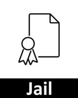 Jail icons set. Document, bat, star, tag, cell, TV, chart, badge, alarm, suitcase, grid. Line icons on beige background vector