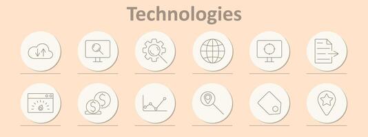 Technologies set icon. Cloud, monitor, gear, globe, document, coding, SEO, graph, magnifying glass, location, star, interface. vector
