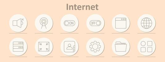Internet set icon. Mute, antenna, on, off, browser, globe, server, profile, gear, folder, apps. Suitable for online services, web browsing tools, internet connectivity, digital network configurations. vector