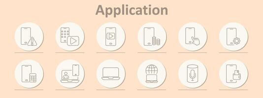 Application icons set. Mobile phone, warning, calculator, play, money, settings, user, laptop, globe, microphone, secure payment. Line icons on beige background vector