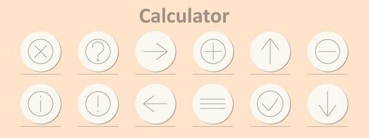 Calculator icons set. Arithmetic symbols, plus, minus, multiply, divide, equal, information, question, checkmark, arrow, directions. Line icons on beige background vector