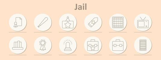 Jail icons set. Document, bat, star, tag, cell, TV, chart, badge, alarm, suitcase, grid. Line icons on beige background vector