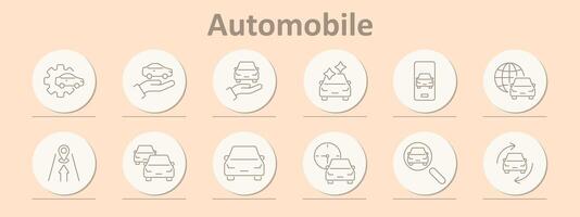 Automobile icons set. Gear, car, hand, clean, mobile, globe, map, multiple cars, dashboard, search, recycling. Line icons on beige background vector