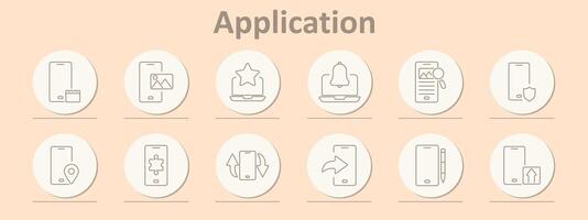 Application icons set. Calendar, photo, star, bell, text, shield, location, puzzle, sync, send, edit, upload. Line icons on beige background vector