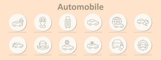 Automobile icons set. Fire, map, luggage, globe, announcement, electric, bumper, certificate, shield, charging, target. Line icons on beige background vector
