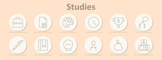 Studies icons set. Briefcase, certificate, paint palette, clock, trophy, jump rope, pen, bookmark, apple, abacus, school supplies. Line icons on beige background vector