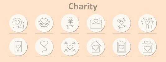 Charity icons set. Heart, hands holding heart, donation box, plant, people, house, clipboard, gift. Line icons on beige background vector