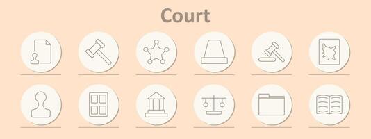 Court icons set. Document, gavel, balance, courthouse, sheriff badge, law book, scale, stamp, folder. Line icons on beige background vector